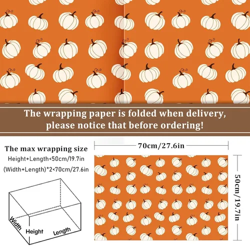 Miniatura 2 de Whaline 12 hojas de papel de regalo de otoño, hojas de otoño, calabaza, cuadros, papel de regalo de 4 estilos, color naranja y blanco, papel