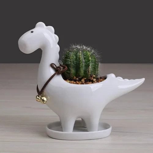 Miniatura 8 de Cabilock Maceta de cerámica de dinosaurio con bandeja de drenaje, adorable maceta para suculentas para decoración de escritorio de jardín
