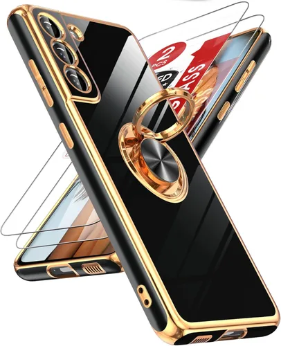 Miniatura 131 de LeYi Funda para Samsung Galaxy S22 Ultra con soporte de anillo giratorio de 360°, soporte magnético, chapado en oro rosa, borde protector para Negro