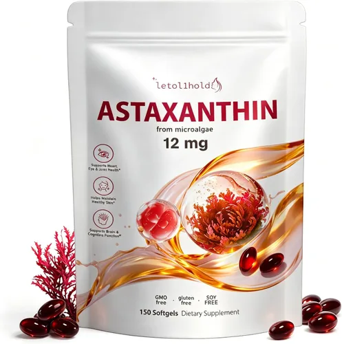 Astaxantina 12 mg, 150 cápsulas blandas – Suministro para 5 meses, suplementos de astaxantina procedentes de microalgas frescas, sin OMG, sin