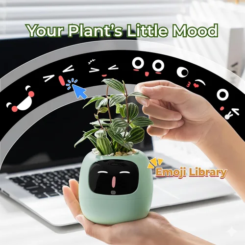 Miniatura 3 de PLANTSIO Plantera inteligente para mascotas con robot de orientación en el cuidado de plantas con emojis, adorable compañero de plantas con rica