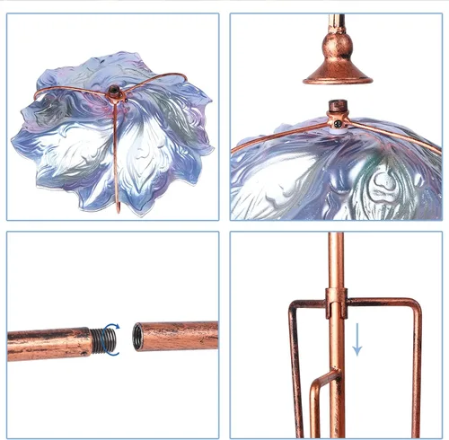 Miniatura 5 de VCUTEKA Comedero y bebedero de cristal para pájaros, para exteriores, baño de pájaros con estaca de metal, decoración de jardín Azul-2