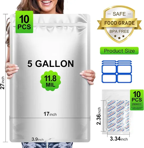 Miniatura 5 de Bolsas Mylar de 5 galones para almacenamiento de alimentos: paquete de 10 bolsas gruesas de larga duración con absorbentes de oxígeno, bolsa