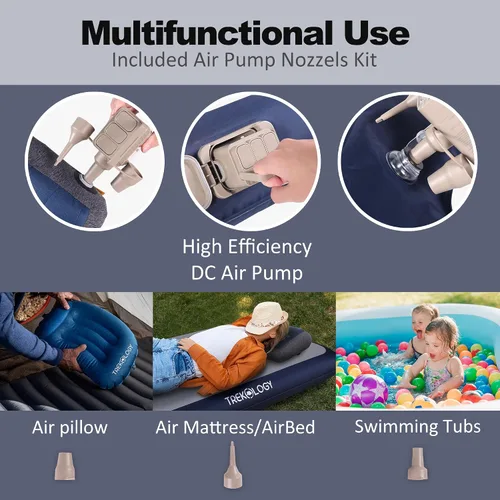 Miniatura 2 de TREKOLOGY Bomba de aire eléctrica para colchón de aire, bomba portátil de alta eficiencia con 3 boquillas para inflables, flotadores de piscina