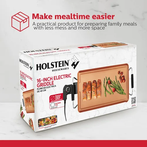 Miniatura 9 de Holstein Housewares Plancha eléctrica de 16 pulgadas, revestimiento antiadherente Healthy-Eco y sin humo, gran superficie de cocción para hacer