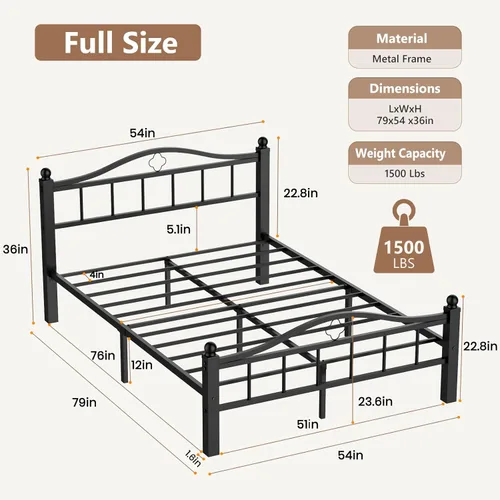 Miniatura 2 de Marco de cama de metal tamaño matrimonial con cabecero, plataforma sin chirridos de 1500 libras, almacenamiento debajo de la cama de 12 pulgadas