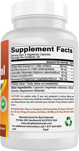 Miniatura 6 de Best Naturals 2 paquetes de complejo de resveratrol 500 mg 60 cápsulas vegetales hechas con piel de uva, vino tinto, quercetina, sin gluten y sin