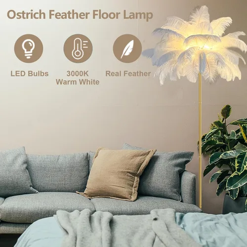 Miniatura 2 de Lámpara de pie de avestruz natural moderna para sala de estar, lámpara de pie LED con interruptor de pie, acabado dorado, elegante pantalla