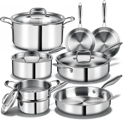 Juego de ollas y sartenes de acero inoxidable de tres capas, juego de 12 piezas de utensilios de cocina de inducción EWFEN, apto para horno y