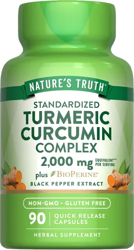 Nature's Truth Suplemento de cápsulas de curcumina de cúrcuma | con 95% curcuminoides estandarizados y bioperina | 90 unidades | Sin OMG y sin gluten