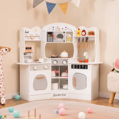 Miniatura 2 de HONEY JOY Cocina de Esquina de Juguete, Juego de Cocina de Madera para Niños Pequeños con Luces, Cafetera, Microondas, Fregadero, Grifo, Juego