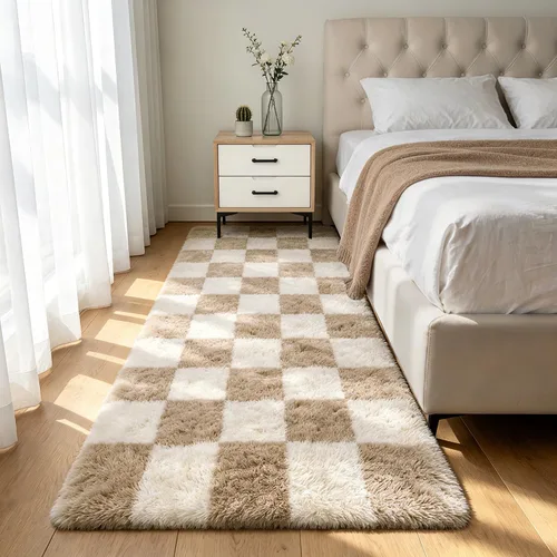 Alfombra peluda para dormitorio, sala de estar, 2 x 6 pies, antideslizante, esponjosa, suave, alfombra lanuda beige y blanca para sala de estar,