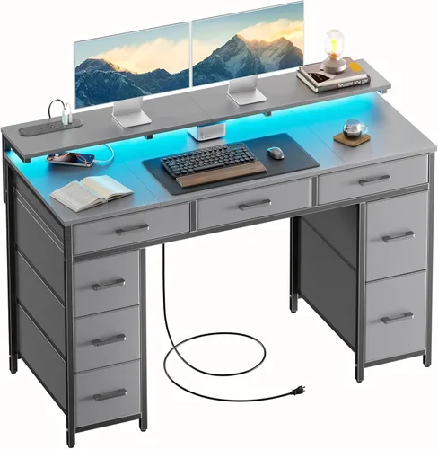 Miniatura 8 de HLDIRECT Escritorio de computadora de 47 pulgadas con 8 cajones de almacenamiento, escritorio para juegos con luces LED y tomas de corriente USB