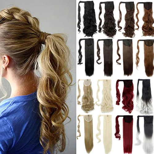 Miniatura 9 de Lelinta Extensión de cola de caballo rizada ondulada de 18 pulgadas para mujer, extensión de pelo sintético rubio ceniza mezcla Giner