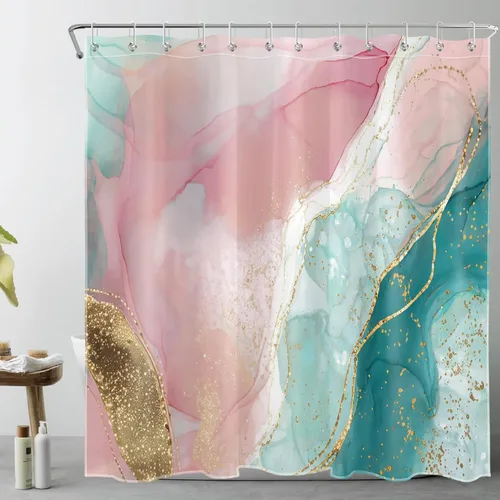 Miniatura 25 de HVEST Cortina de ducha geométrica rosa con ganchos, cortina de ducha moderna geométrica abstracta gris y blanco para baño, 72 x 72 pulgadas, juego