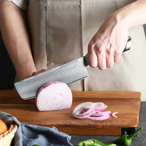 Miniatura 6 de Cuchillo Damasco Nakiri, cuchillo de cocina profesional de 7 pulgadas con mango ergonómico de madera antideslizante, japonés 10Cr15CoMoV, cuchillo