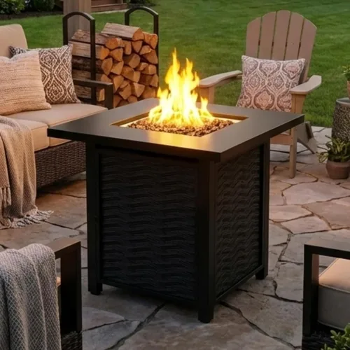 Mesa para fogata de propano de 28 pulgadas con tapa, chimenea cuadrada de gas para exteriores de 50,000 BTU, resistente a la intemperie, mesa de