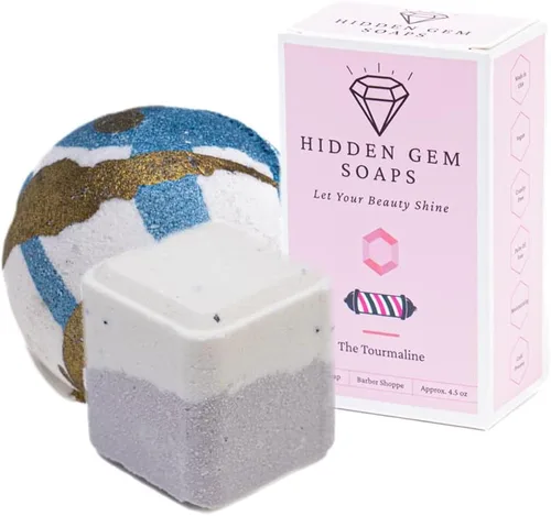 October Birthstone Turmalina Juego de regalo de 3 piezas de jabón en barra natural, bomba de baño, vaporizador de ducha fabricado en Estados Unidos