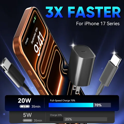 Miniatura 3 de Cargador para teléfono 17, 16, 15 Pro, carga rápida, 20 W, USB C, bloque de carga rápida con cargadores tipo C de 6.6 pies de largo, cable de carga