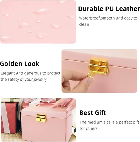 Miniatura 4 de MUEUSS Caja organizadora de joyas para niñas y mujeres, regalo ideal, joyero portátil de viaje con espejo y cerradura para collar, aretes, anillos