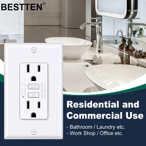 Miniatura 8 de BESTTEN Salida GFCI de 15 amperios con diseño súper delgado, toma eléctrica GFI con indicador LED, receptáculo GFCI no resistente a manipulaciones