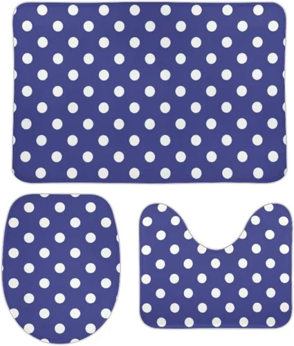 Miniatura 11 de Juego de 3 alfombras de baño con diseño de lunares, color azul aguamarina, antideslizante, con contorno en forma de U y tapa de inodoro