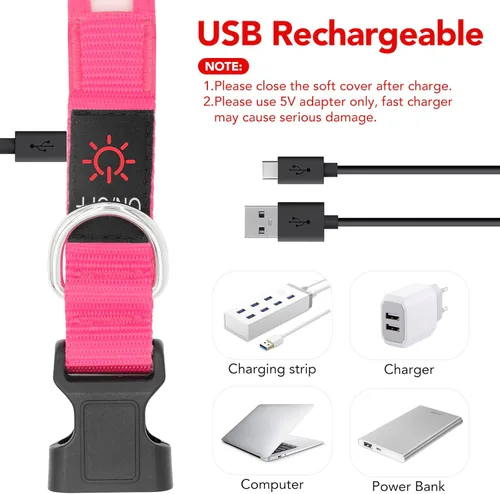 Miniatura 4 de Vizpet Collar para perro con luz LED, ajustable, recargable por USB, superbrillante, luz de seguridad brillante para perros (XL, rosa)