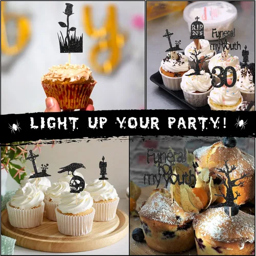 Miniatura 7 de Roowest 48 adornos para cupcakes de los años 20 con purpurina de Death to My Twenties Rip to My 20, decoraciones de fiesta de cumpleaños de 30 años