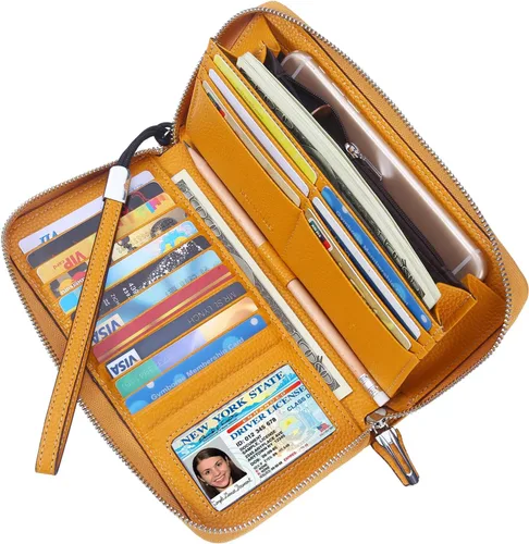 Miniatura 33 de Lavemi Pequeña cartera compacta para mujer, con bloqueo RFID, de piel auténtica, plegable, con ventanas de identificación