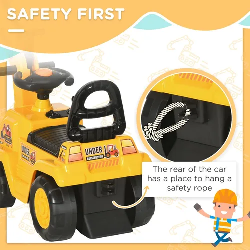 Miniatura 8 de HOMCOM Excavadora para montar, Bulldozer para niños Carro de arrastre con bocina, Almacenamiento bajo el asiento, Juguete carro de construcción