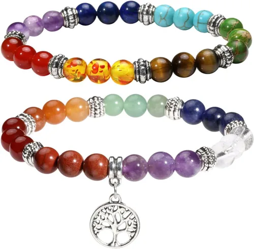 Eigso Pulsera elástica de piedra de cristal de meditación curativa de 7 chakras para mujer con símbolo de loto, yoga, árbol, OM