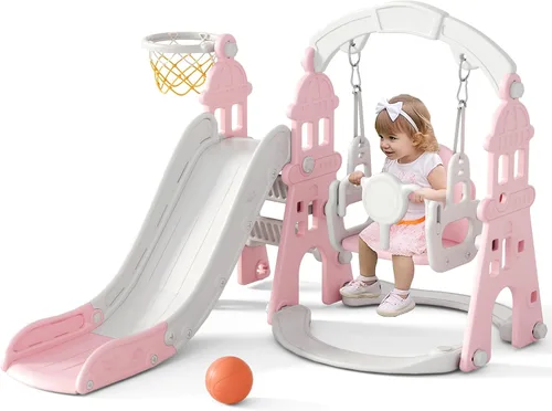 Miniatura 11 de XJD - Juego de tobogán y columpio 5 en 1 para niños pequeños, tobogán para niños de 1 año en adelante, juego de exterior para niños pequeños con aro