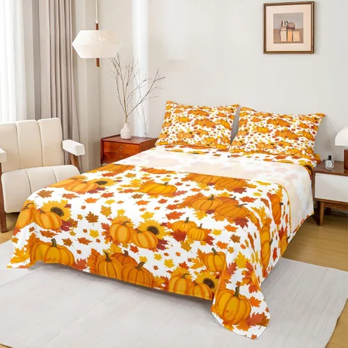 Juego de sábanas de calabaza de otoño, hojas de arce de otoño, juego de ropa de cama de decoración de temporada de cosecha de Acción de Gracias para