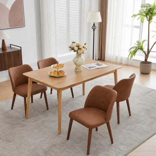 GarveeHome Juego de 4 sillas de comedor de cuero tapizadas de poliuretano con patas de madera, respaldo de ala, sillas de cocina de madera con