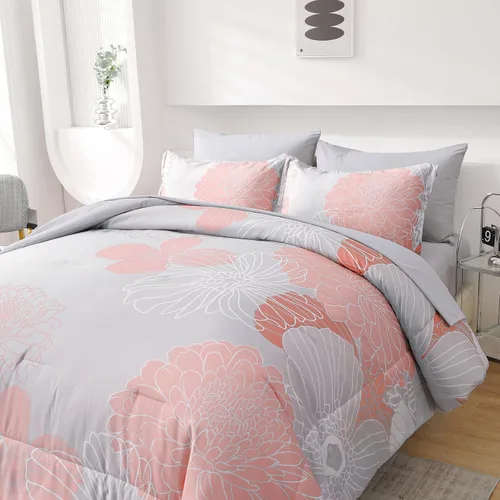 Miniatura 5 de Yiran Juego de edredón de 7 piezas color gris rubor floral en una bolsa, juego de ropa de cama de microfibra suave, tamaño Queen de 90"×90