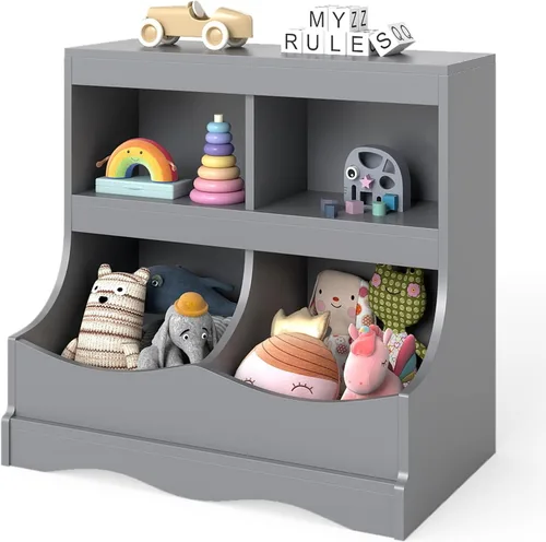 Costzon Organizador de almacenamiento de juguetes, estantería para niños de 4 compartimentos con estribo y tarjeta de nombre, estantería de madera
