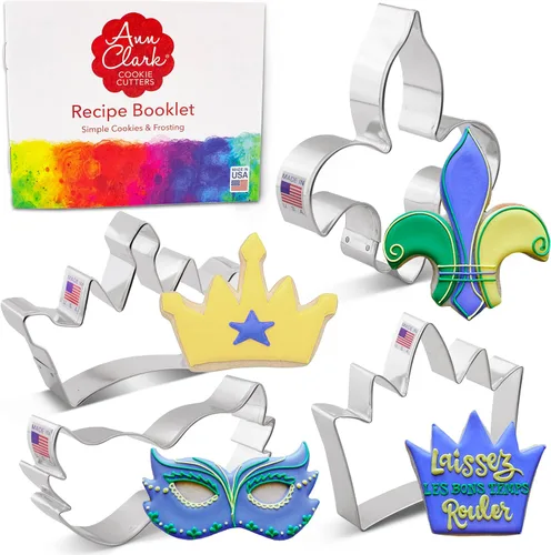 Ann Clark Mardi Gras - Juego de 4 cortadores de galletas, fabricado en Estados Unidos, King Crown, Princess Crown, Flor de Lis, máscara