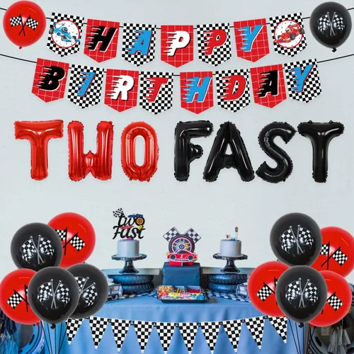 Miniatura 2 de Sursurprise Suministros para fiesta de 2º cumpleaños de coche de carreras, dos globos rápidos, decoración de pastel, pancarta de feliz cumpleaños