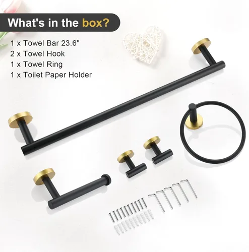 Miniatura 8 de TQKAG Juego de accesorios de baño negro y dorado de 5 piezas, juego de toalleros redondos de acero inoxidable de 23.6 pulgadas para baño montado