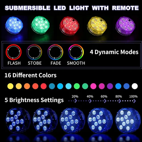 Miniatura 4 de Hortsun Paquete de 16 luces LED sumergibles con control remoto, luces LED impermeables para piscina, batería operada, 16 luces de cambio