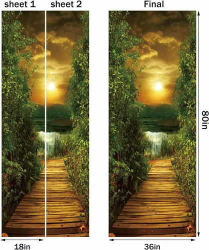 Miniatura 2 de Adhesivo de puerta FLFK - Sendero junto al lago, mural de pelar y pegar, tamaño combinado 36"x80", dividido en 2 piezas Mt649