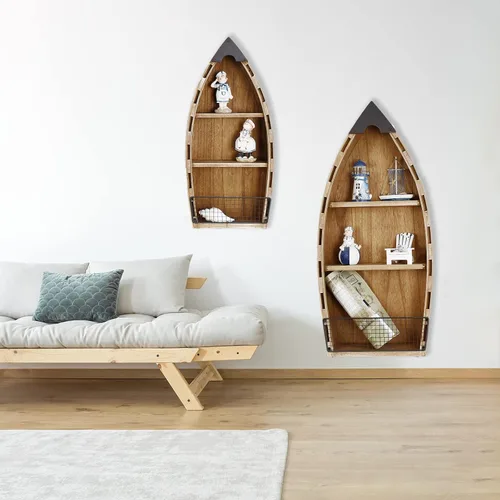 Miniatura 5 de Aecipl Estante de madera maciza para barco, decoración de pared náutica, estantería con temática de playa, estantes grandes de madera de 3 niveles