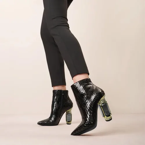 Miniatura 63 de FSJ Botas de tacón alto con punta puntiaguda para mujer, con tacón alto, con cremallera lateral brillante, estilo casual, para uso diario, zapatos