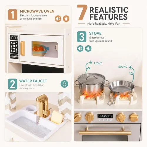 Miniatura 2 de Conjuntos Grandes de Cocina de Madera de Esquina para Jugar con Máquina de Hielo, Dispensador de Agua, Panificadora, Lavadora, Pantalla Electrónica