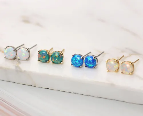 Miniatura 4 de Michooyel Aretes de plata de ley con ópalo para mujer, chapados en oro de 18 quilates, 0.197 in, ópalo solitario, 4 puntas, aretes simples para mujer