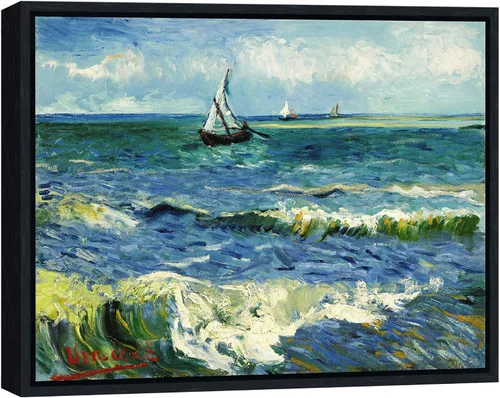 Miniatura 16 de Wieco Art Arte enmarcado negro paisaje marino en Saintes Maries por Vincent Van Gogh pinturas al óleo Reproducción modernas impresiones en lienzo