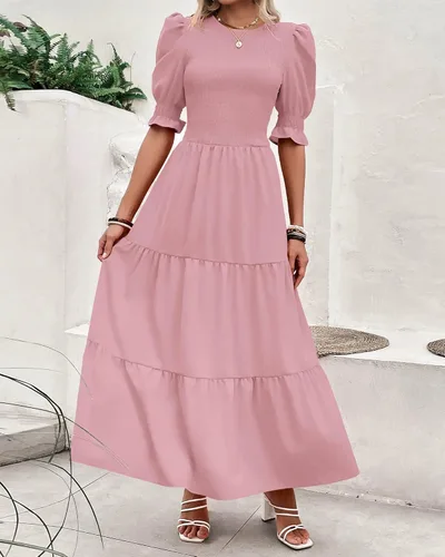 Miniatura 22 de BTFBM Vestidos para mujer, cuello redondo, casual, de verano, con volantes, manga corta, bohemio, con niveles, fruncido, largo, con estampado floral