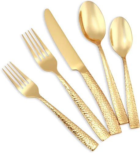 Miniatura 14 de Juego de cubiertos dorados de acero inoxidable martillado con acabado mate, 20 piezas, servicio para 4