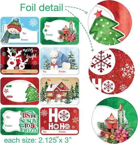 Miniatura 2 de Etiquetas adhesivas de regalo de Navidad de gran tamaño de 80 unidades, 8 diseños jumbo - Etiqueta de regalo de Navidad con "de" y "para", etiquetas