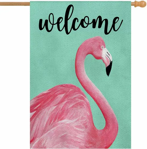 Miniatura 18 de AOYEGO Banderas de casa de flamenco con acentos de temporada, 28 x 40 pulgadas, arpillera de doble cara, acuarela, dos flamencos en la playa